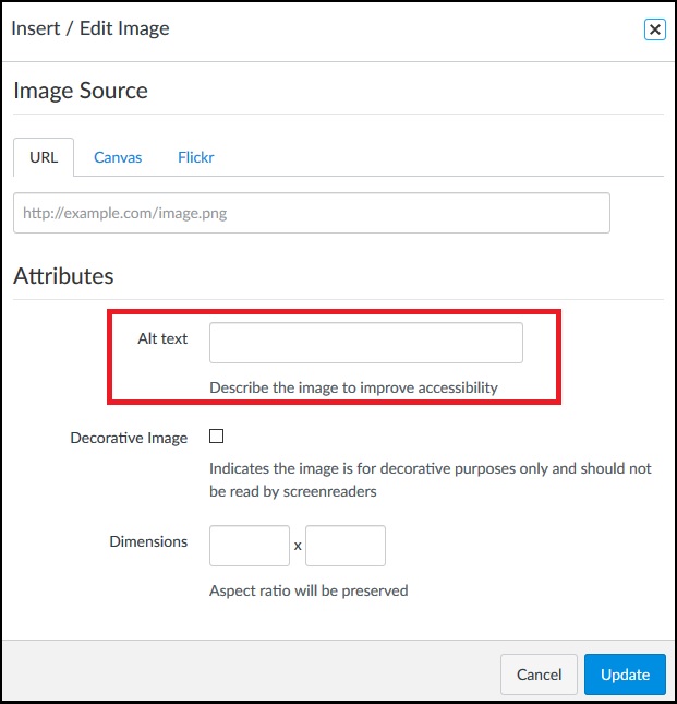 Screenshot of Canvas image editor window. The alt text field is highlighted.